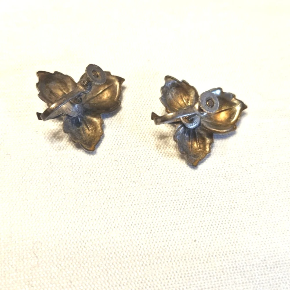 Vintage Sterling Silver with Blue Rhinestone Leaf Screw Back Earrings
